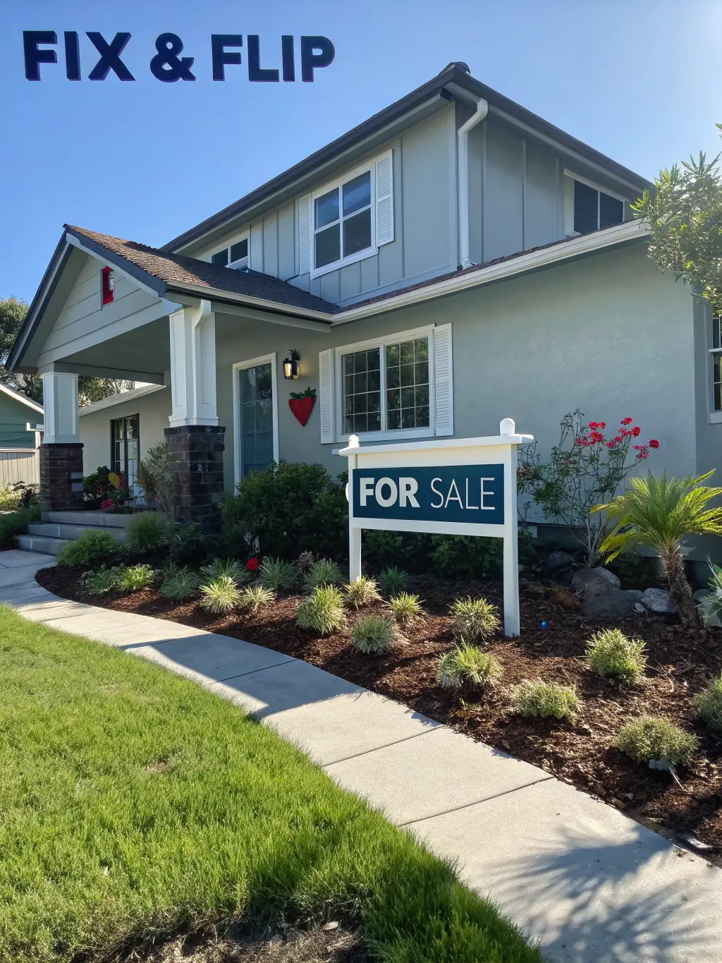 A renovated house with a 'For Sale' sign in the front yard.